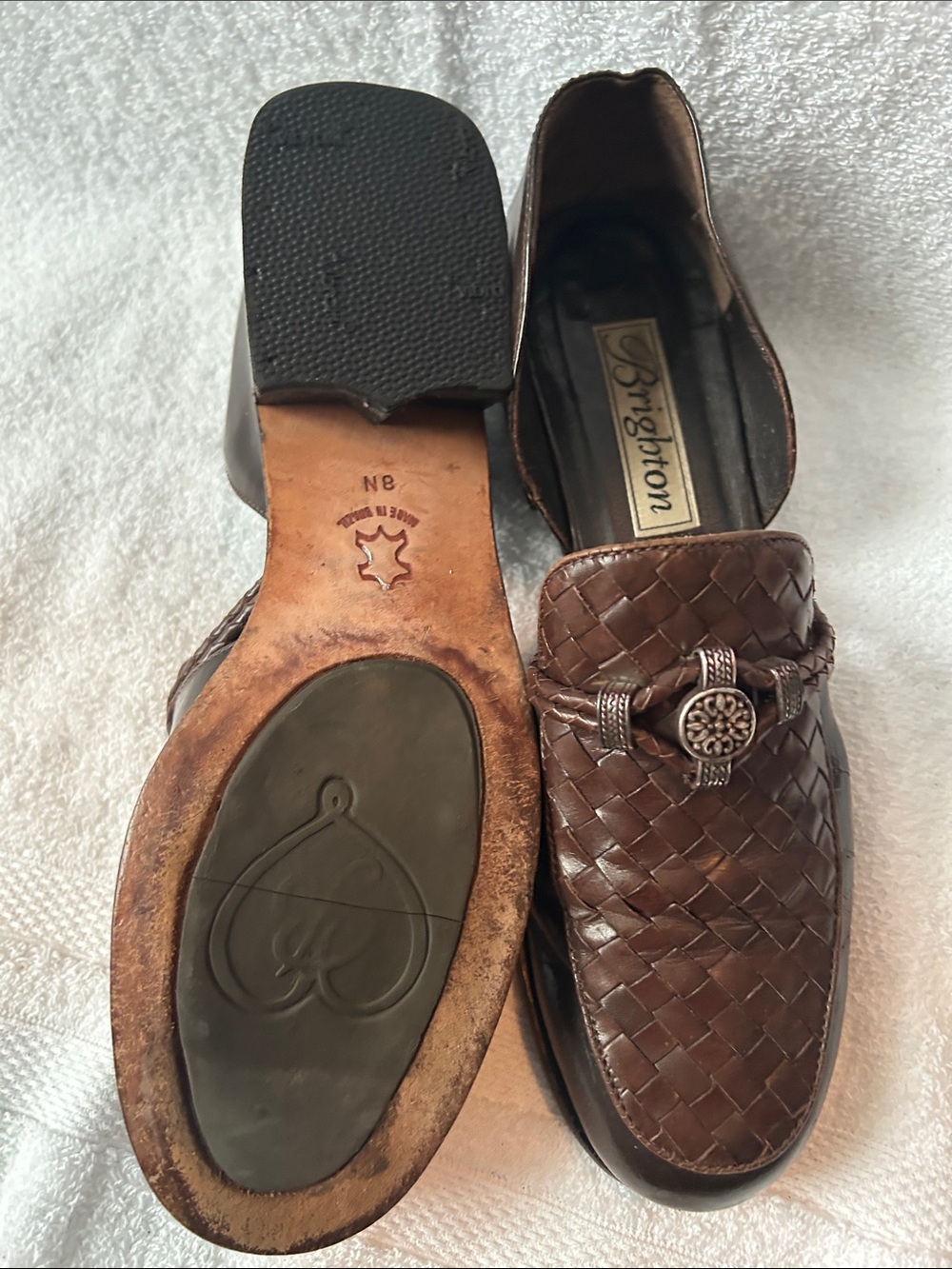 Brighton Men’s Dark Brown Woven Leather Slip-On Loafers with Decorative Bit